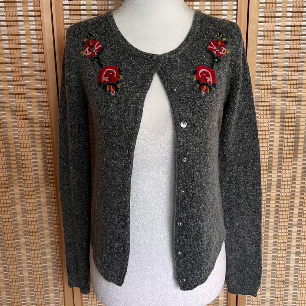 Blue Asphalt Dark Gray Cardigan Sweater with Red Floral Embroidery